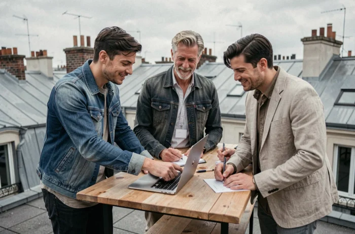 Groupe de professionnels en formation digitale collaborative sur une terrasse parisienne avec vue sur les toits haussmanniens