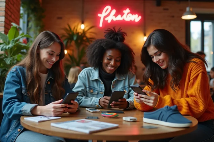 Groupe d'influenceurs français collaborant dans un espace de coworking branché à Paris