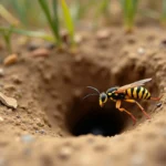 Guepe de terre posée près de l'entrée de son terrier dans un sol sablonneux et sec, vue macro rapprochée