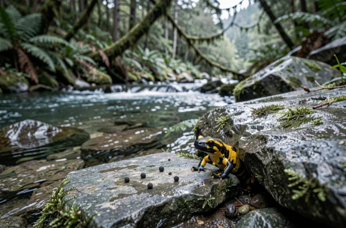 Habitat naturel de salamandre tachetée au bord d'un ruisseau forestier avec des crottes visibles sur une pierre plate et un amphibien partiellement dissimulé sous un rocher