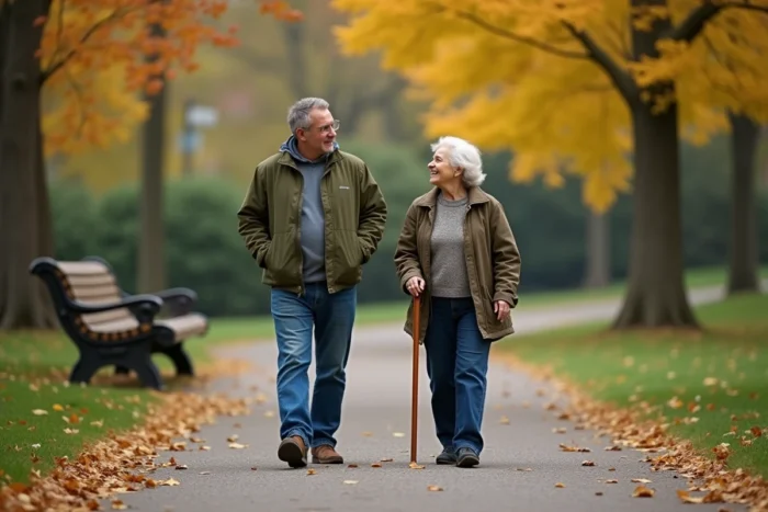 Fils adulte se promenant avec sa mère âgée dans un parc en automne, représentant le retour à l'harmonie après un conflit familial