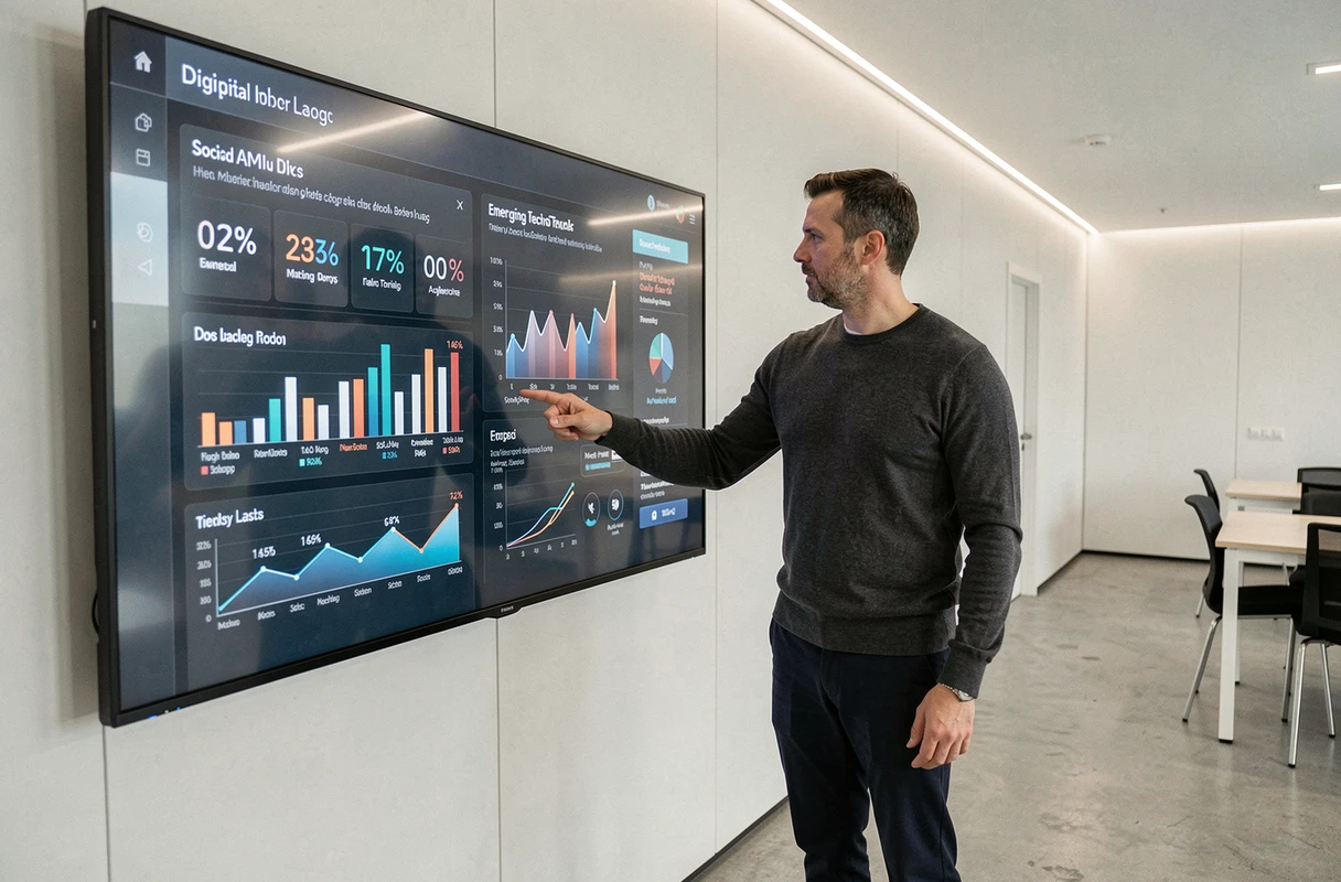 Homme d'affaires analysant des métriques digitales et tendances technologiques sur un écran interactif en laboratoire d'innovation
