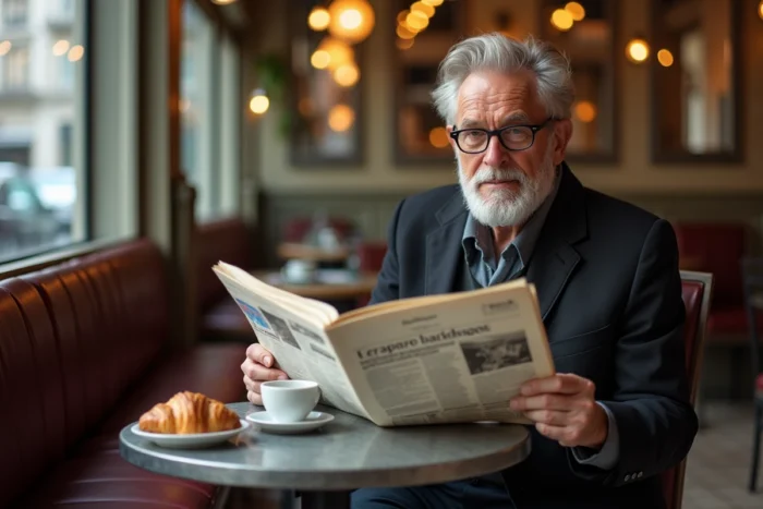 Homme d'âge mûr lisant le journal dans un café traditionnel lyonnais, illustration du quotidien et de la presse en France