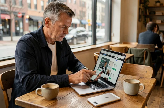 Homme comparant les prix du Huawei P10 Lite sur internet dans un café pour trouver le meilleur bon plan