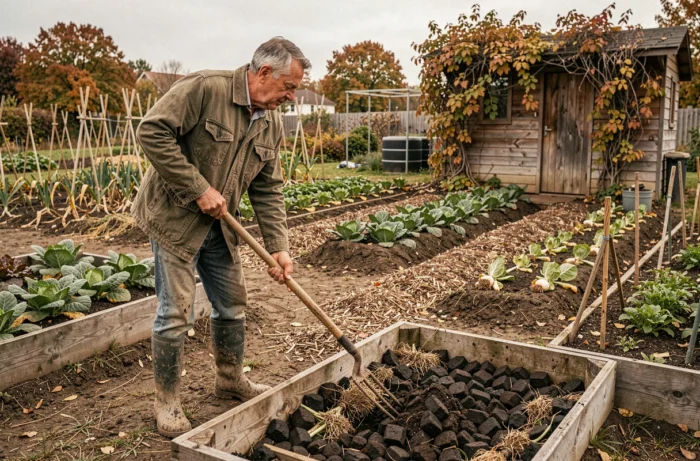 Homme retournant le compost dans un potager en automne avec une fourche de jardin