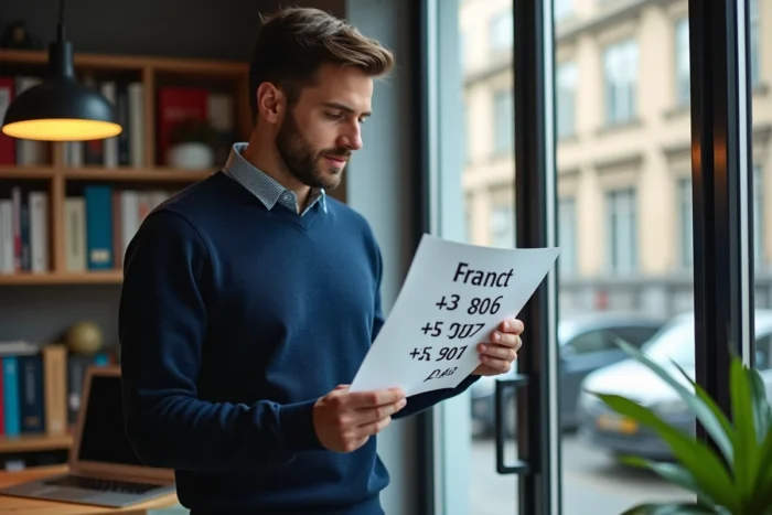 Homme à domicile analysant un document avec des numéros de téléphone français préfixe 33 806