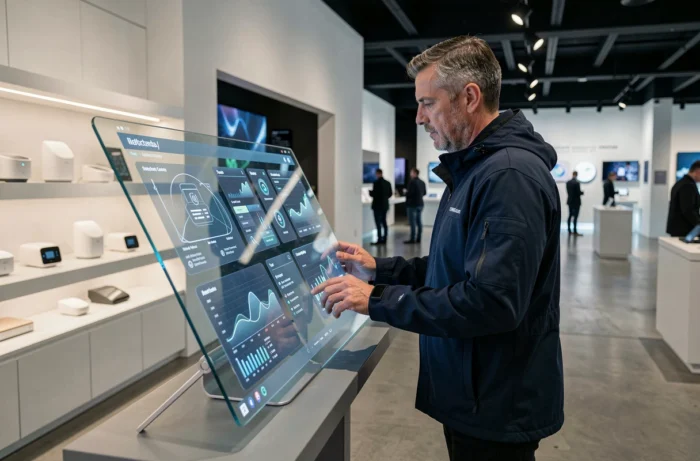 Homme interagissant avec un écran tactile transparent dans un showroom technologique