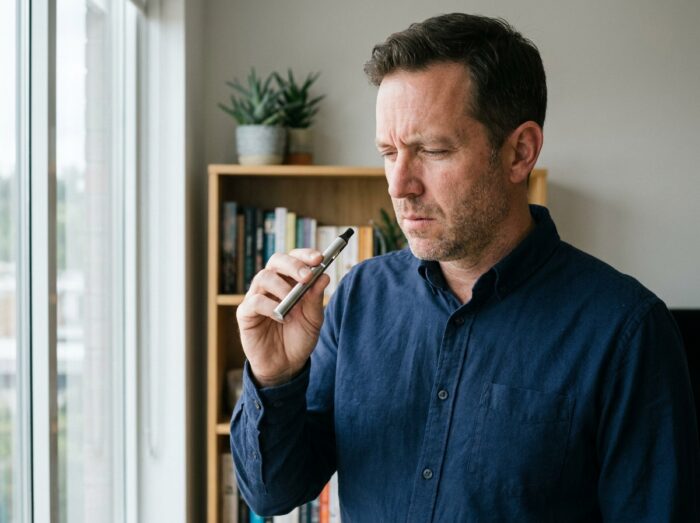 Homme inspectant le voyant clignotant d'une vapoteuse stylo sans consulter la notice