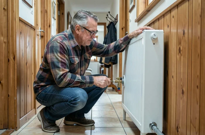 Homme inspectant un radiateur domestique pour améliorer l'efficacité du chauffage et réduire la consommation d'énergie