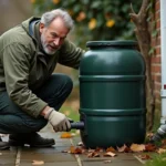 Homme inspectant un récupérateur d'eau de pluie déconnecté de sa gouttière dans un jardin en automne