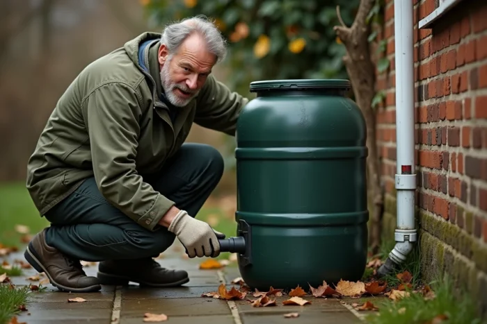 Homme inspectant un récupérateur d'eau de pluie déconnecté de sa gouttière dans un jardin en automne