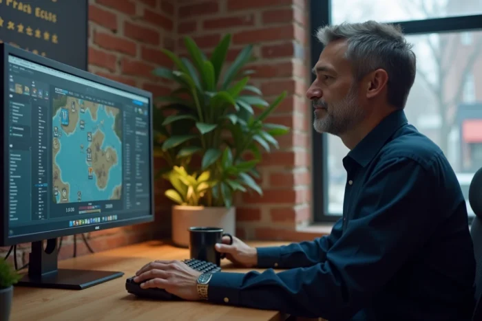 Homme en home office jouant à un jeu de stratégie en ligne sur grand écran avec une tasse de café