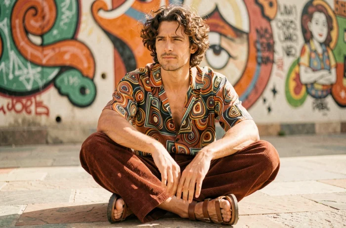 Homme en pantalon patte d'éléphant velours côtelé et chemise psychédélique assis devant une fresque murale, mode hippie revisitée en 2026