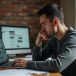 Un homme sceptique examine un site de leaks suspect sur son ordinateur portable dans un bureau à domicile encombré