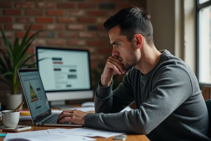 Un homme sceptique examine un site de leaks suspect sur son ordinateur portable dans un bureau à domicile encombré