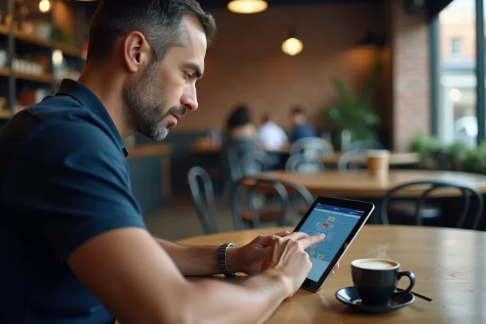 Homme utilisant une tablette pour explorer un plan de site web dans un café urbain moderne