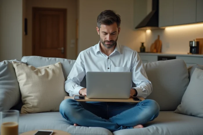 Homme en télétravail depuis son salon moderne, travaillant sur un ordinateur portable posé sur ses genoux