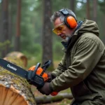 Homme utilisant une tronçonneuse électrique Teccpo TACS01G pour couper un tronc dans une forêt de pins