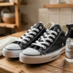 Paire de sneakers en toile imperméabilisées avec spray protecteur posées sur une table en bois, gouttes d'eau perlant sur le tissu traité