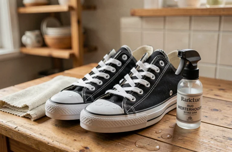 Paire de sneakers en toile imperméabilisées avec spray protecteur posées sur une table en bois, gouttes d'eau perlant sur le tissu traité