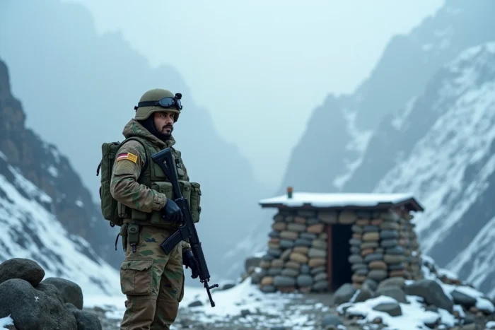 Un soldat de l'armée indienne en tenue de combat complète montant la garde dans un poste d'altitude dans l'Himalaya