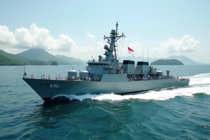 Un navire de guerre de la marine indonésienne KRI naviguant dans le détroit de Lombok avec les silhouettes volcaniques des îles en arrière-plan