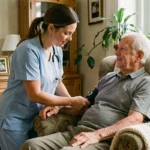 Infirmière à domicile prenant la tension artérielle d'un patient âgé dans son salon confortable