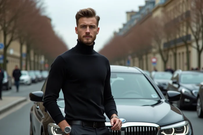 Influenceur masculin français posant devant une voiture de luxe dans une avenue parisienne chic