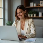 Influenceuse française assise à son bureau parisien consultant ses revenus et statistiques sur ordinateur portable