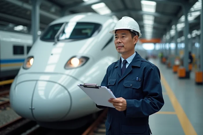 Ingénieur ferroviaire japonais inspectant un train à grande vitesse Shinkansen dans un dépôt de maintenance