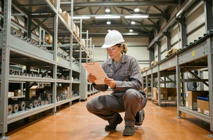 Ingénieure de production analysant des rapports de maintenance préventive dans un atelier industriel