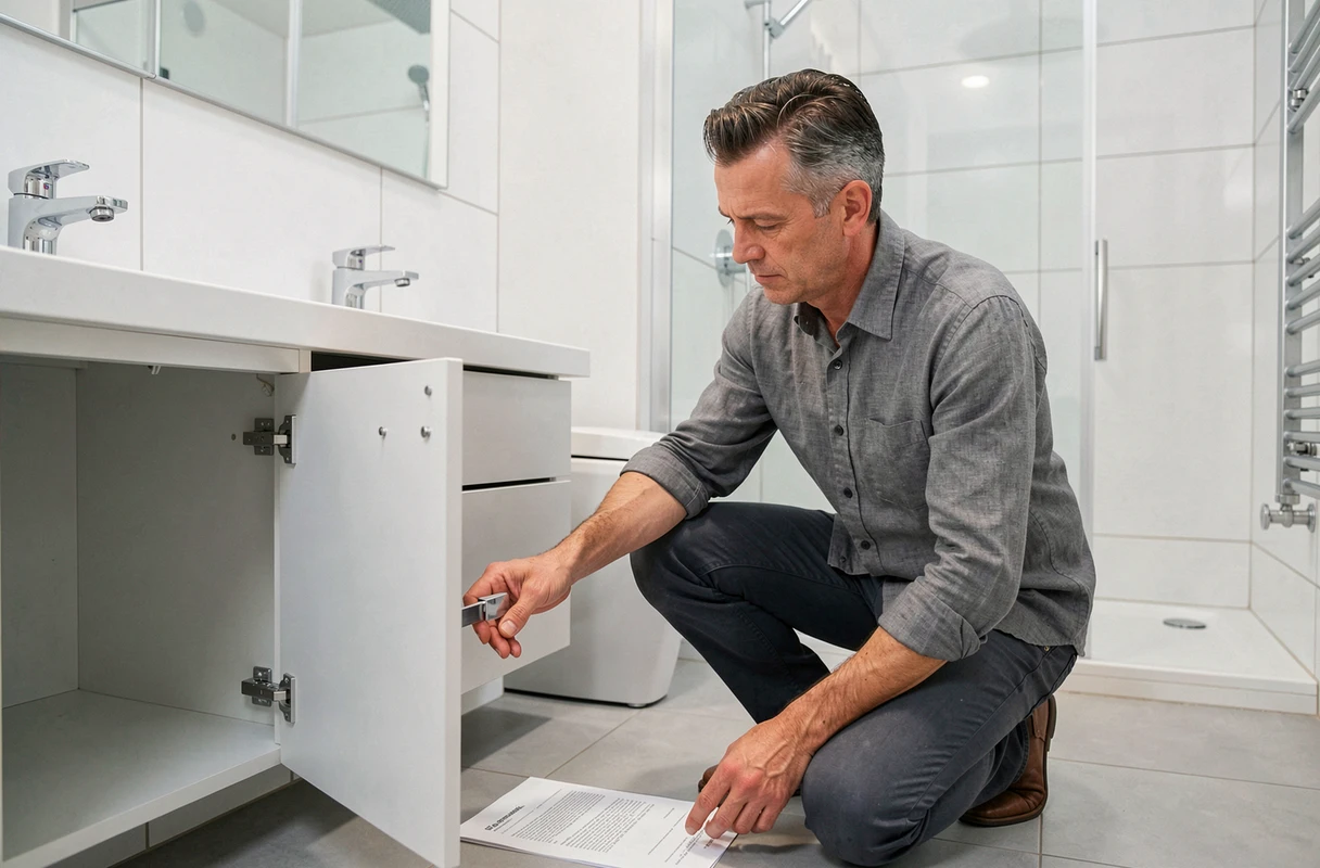 Propriétaire inspectant les équipements fixes d'une salle de bain avant la vente immobilière, meuble vasque encastré et receveur de douche inclus dans le bien