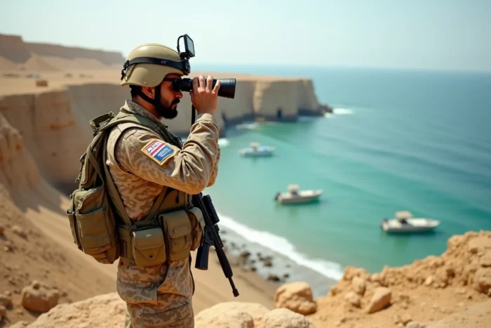 Un soldat des Gardiens de la révolution iraniens en tenue tactique surveillant le détroit d'Ormuz depuis une côte rocheuse