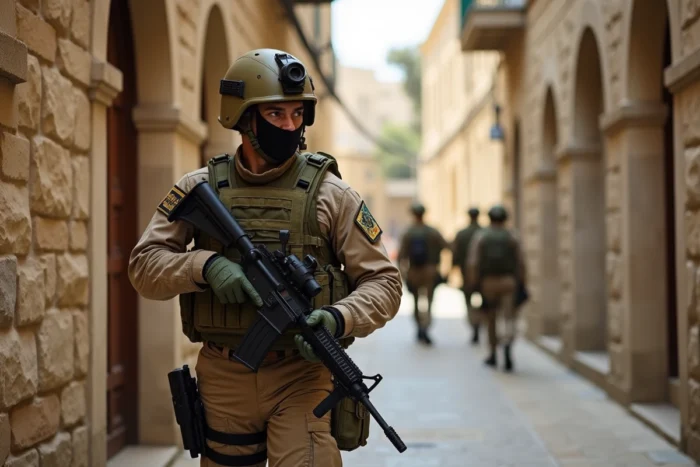 Un soldat de Tsahal en équipement de combat urbain patrouillant dans une ruelle pavée en pierre d'un vieux quartier de ville