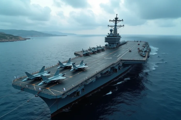 Le porte-avions italien Cavour en mer Méditerranée avec des avions Harrier sur le pont d'envol et l'équipage en manœuvre