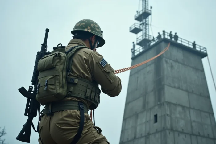 Un soldat des Forces d'autodéfense japonaises en rappel sur une tour d'entraînement tactique, avec le Mont Fuji en arrière-plan