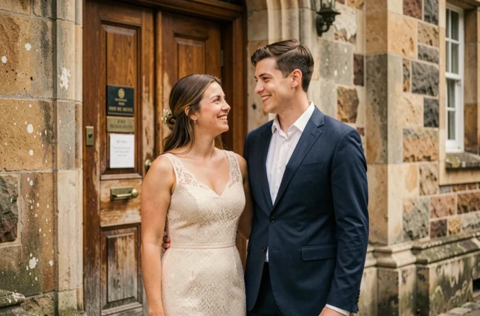 Jeune couple adulte souriant devant une mairie historique lors de leur mariage civil