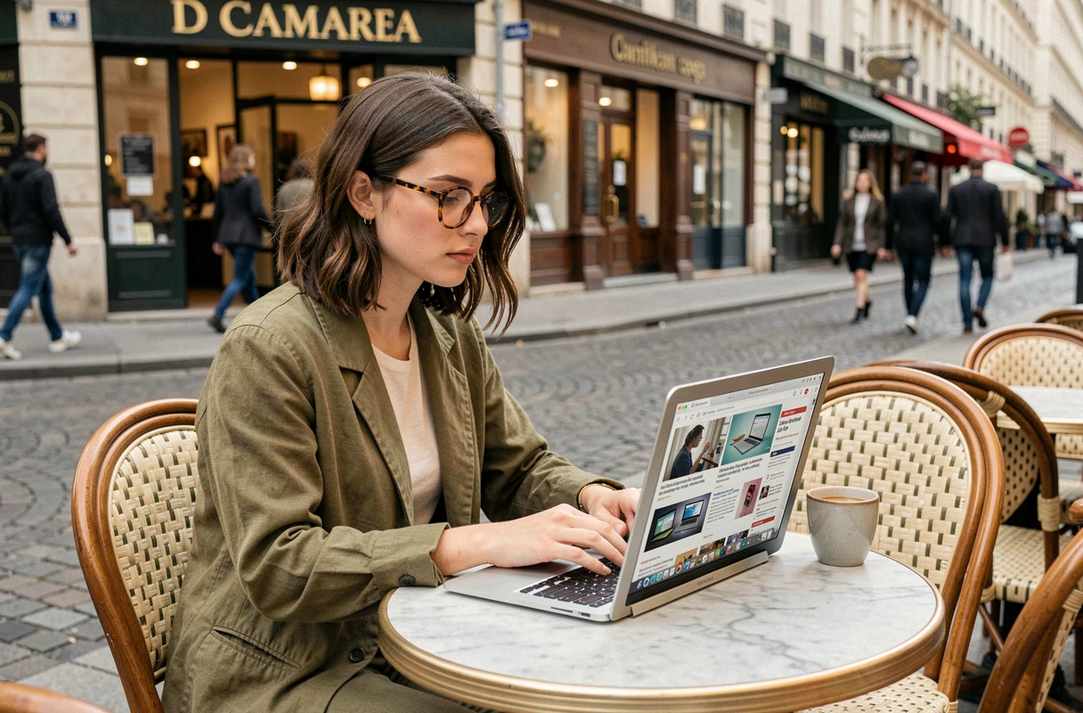 Jeune femme travaillant sur les actualités digitales depuis un café parisien en terrasse avec un ordinateur portable