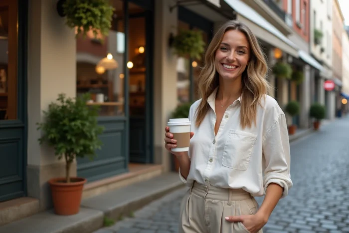 Jeune femme entrepreneuse souriante devant la devanture de sa boutique artisanale en milieu urbain