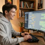 Jeune homme discutant sur Discord avec des emojis et messages visibles à l'écran, illustrant l'utilisation de l'argot BTBF
