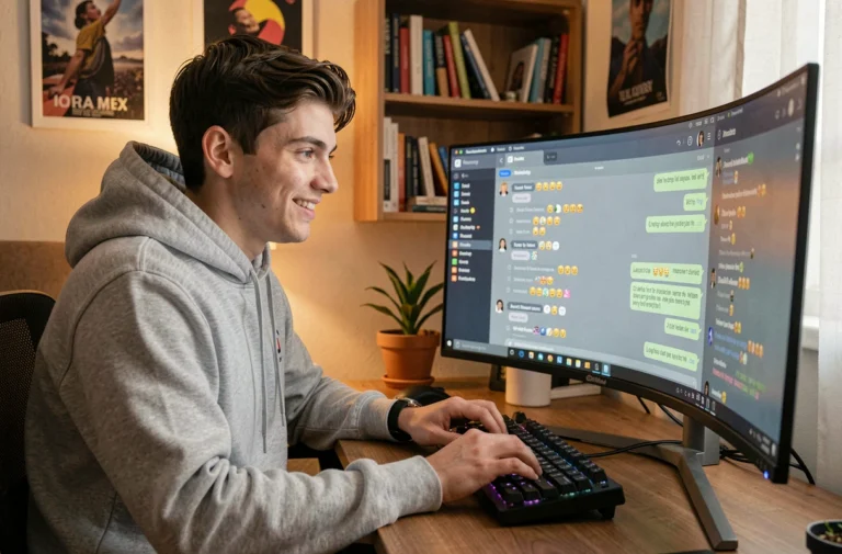 Jeune homme discutant sur Discord avec des emojis et messages visibles à l'écran, illustrant l'utilisation de l'argot BTBF