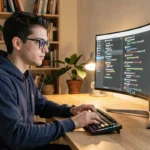 Jeune homme utilisant Discord sur un ordinateur de bureau dans un bureau à domicile cosy, illustrant la communication en ligne et les tendances des messageries instantanées