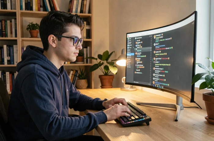 Jeune homme utilisant Discord sur un ordinateur de bureau dans un bureau à domicile cosy, illustrant la communication en ligne et les tendances des messageries instantanées