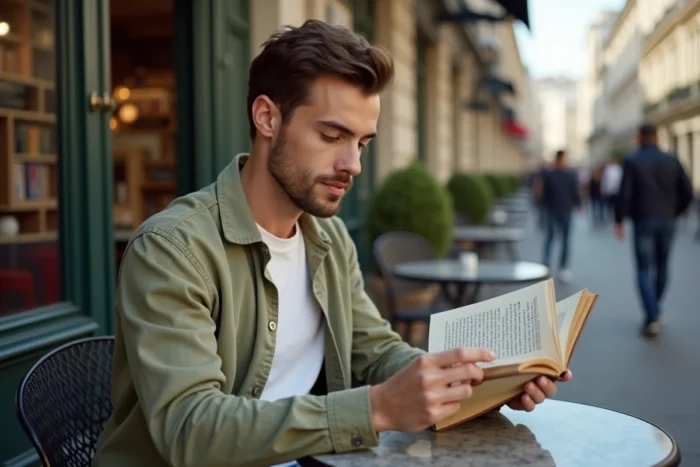 Jeune homme lisant un guide de grammaire française en terrasse de café parisien, cherchant la règle d'emploi de je serai ou je serais