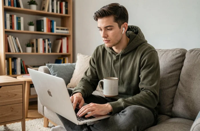 Jeune professionnel travaillant depuis chez lui sur une plateforme collaborative innovante pour accélérer son développement de carrière