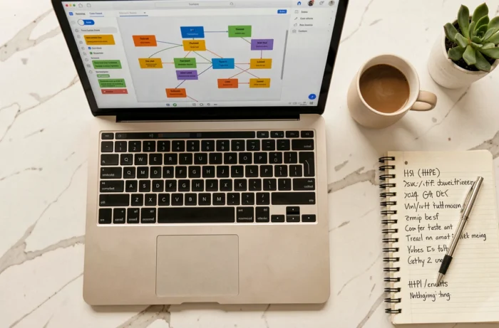 Vue aérienne d'un laptop affichant un outil de création de sitemap avec des notes manuscrites et un café sur un bureau blanc