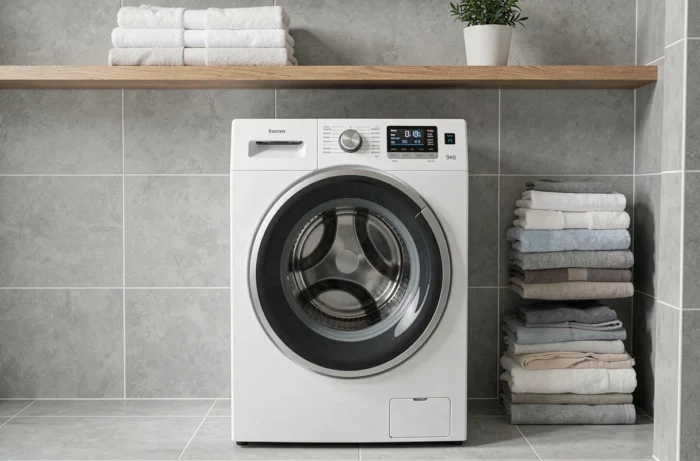 Lave-linge Whirlpool 6th Sense 9kg en situation dans une buanderie moderne et bien organisée