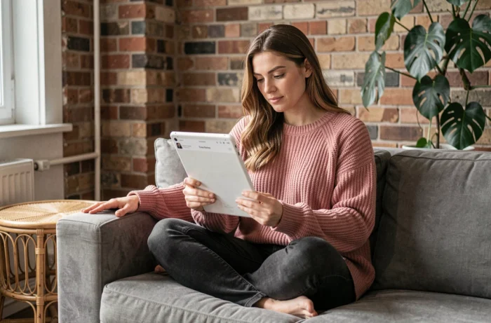 Femme lisant les pages essentielles d'un blog mode sur une tablette blanche installée confortablement dans un salon cosy