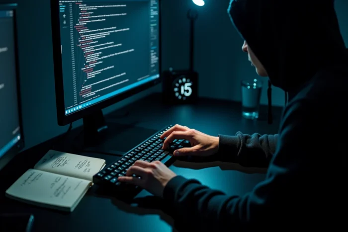 Des mains anonymes tapant sur un clavier face à un forum de leaks en ligne dans une ambiance sombre et discrète