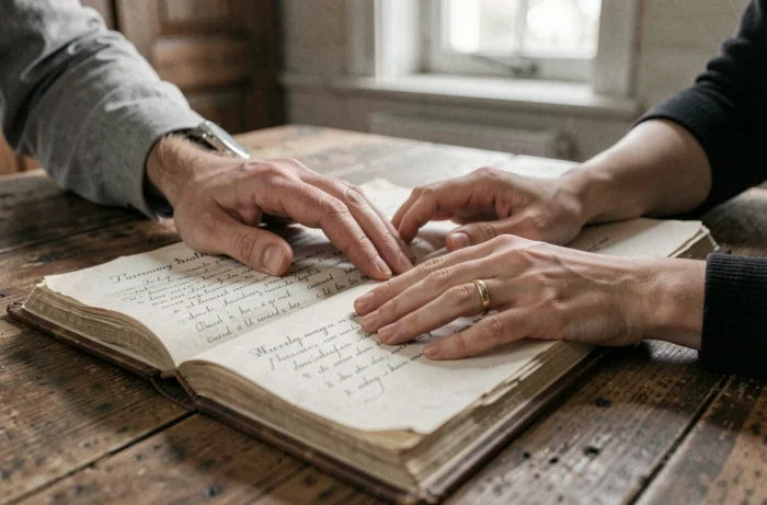 Mains de jeunes mariés posées sur un registre de mariage ancien avec une alliance dorée